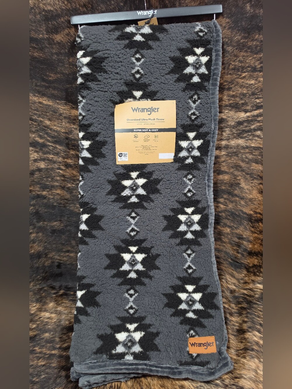 Wrangler Gray and Black Aztec Plush Throw